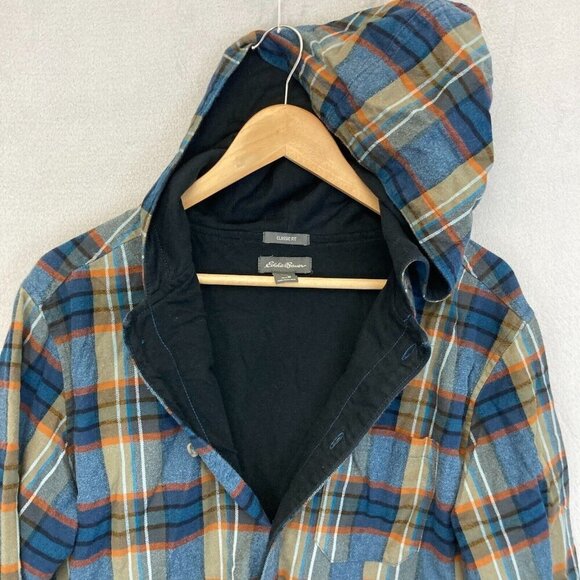 Eddie Bauer Flannel Shirt Jacket Shacket Mens Medium M Classic Fit Hooded Plaid - Picture 14 of 16